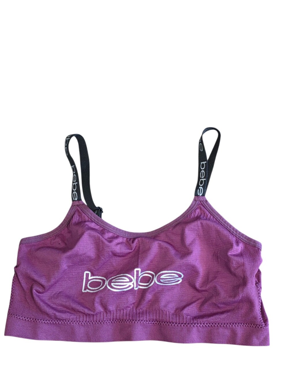 Bebe EUC Purple Wireless Bralette With Silver Logo & Black Straps Size 1X